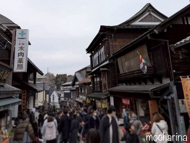 成田山の表参道の写真。参道に大勢の観光客がいる様子。