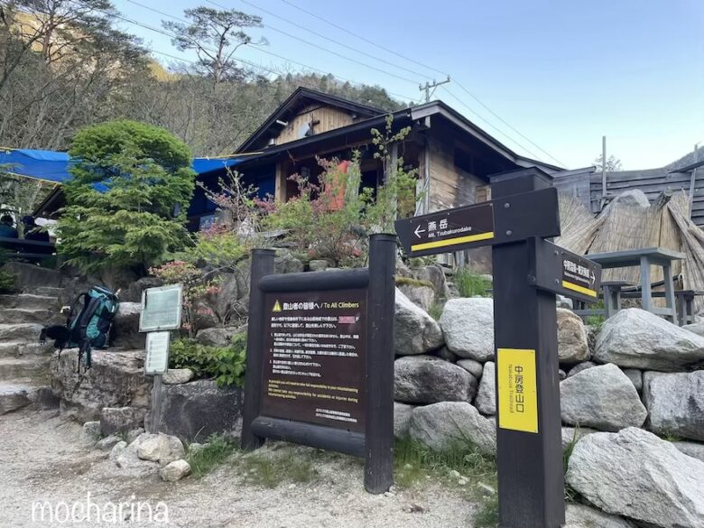 中房登山口の写真。看板と売店がある様子。