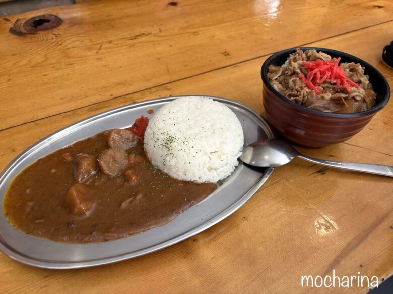 カレーライスと牛丼の写真。槍沢ロッヂで食べた昼ご飯。
