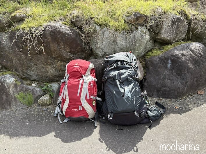 登山用ザックが２つの写真。赤と黒いザックが並んだ様子。